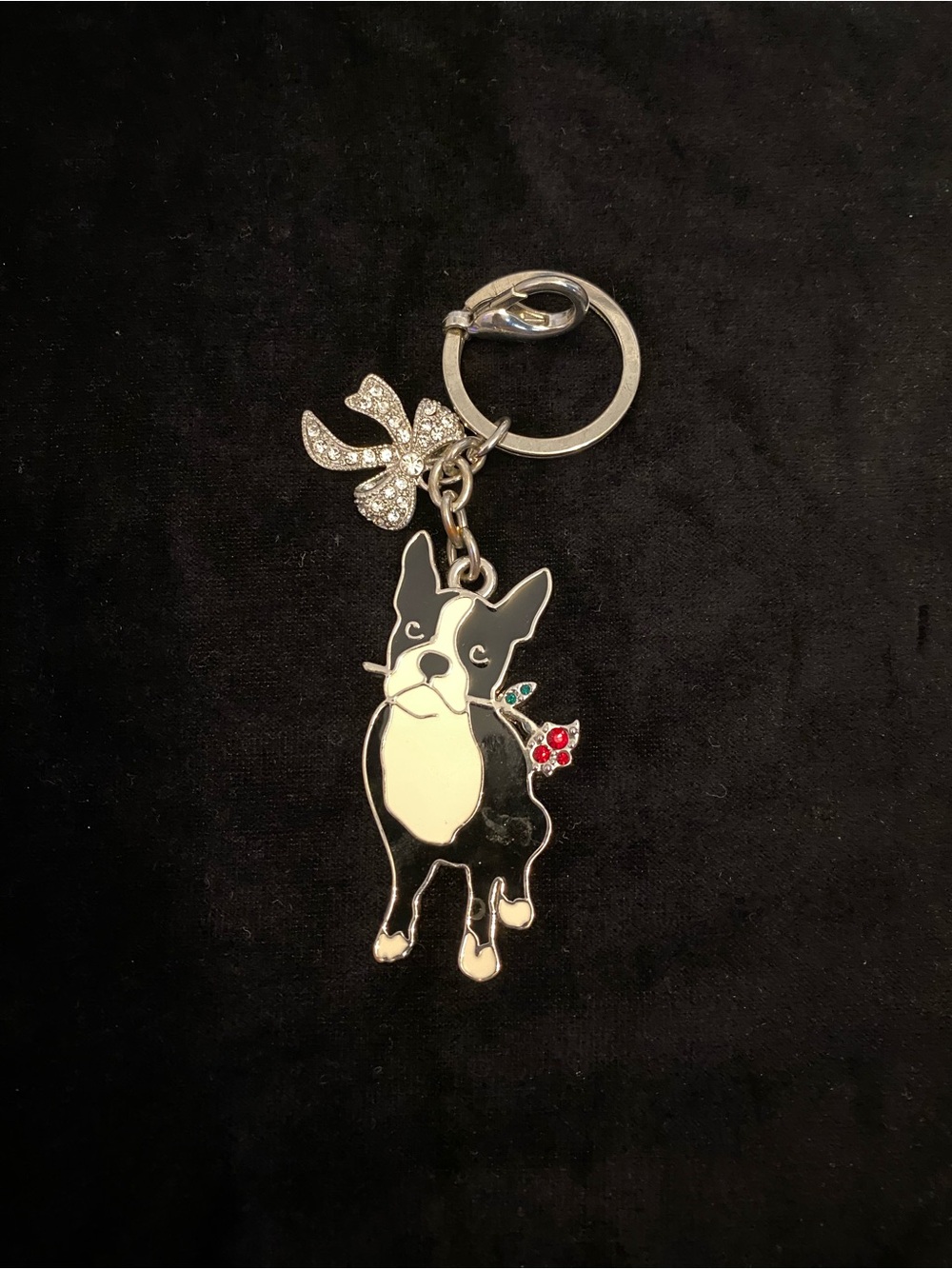White House Black Market Black & White French bulldog Keychain Rhinestone Charm
